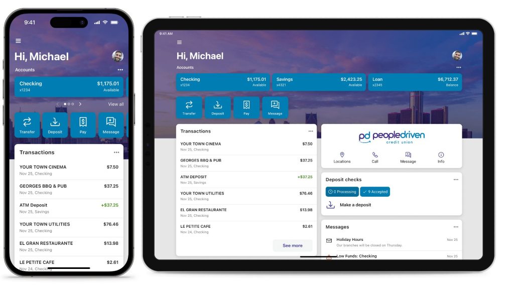 New PDCU digital banking app on an iPhone and tablet.