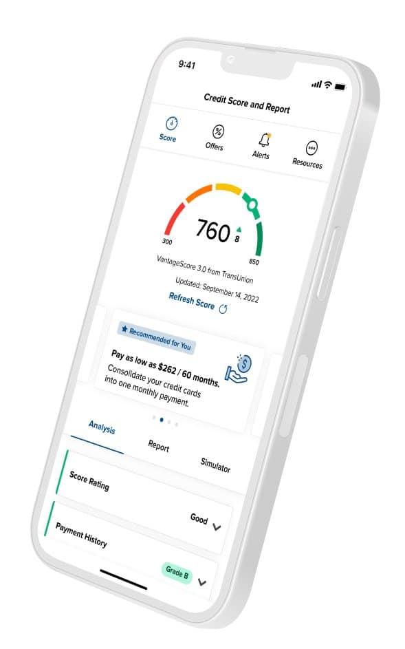 MyPDCU Credit Score & Score Simulator on a smart phone.