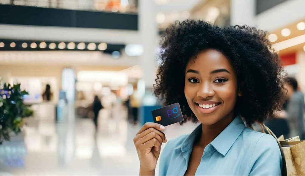 Smiling woman at a mall holding a People Driven Credit Union Rewards Driven Credit Card in her hand.