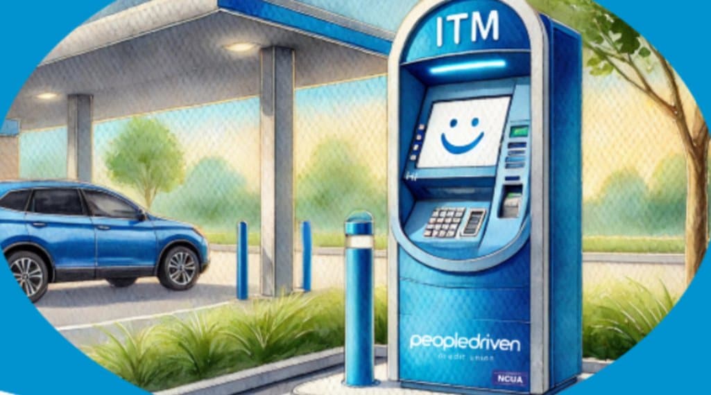 Drawing of an interactive teller machine at a PDCU branch drive-thru.