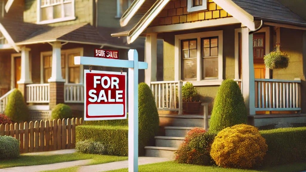 Digital rendering of a painting of a house and landscaping with a For Sale sign in the front yard.