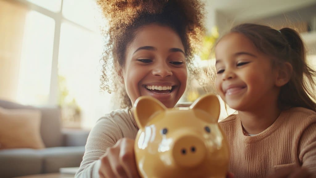 Mother teaching her young daughter about money by helping her place coins in a piggy bank.