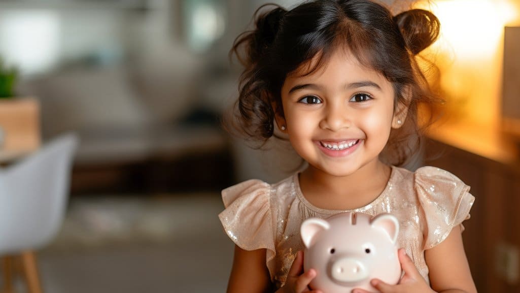 Young girl smiling while holding a piggy bank and learning about money.