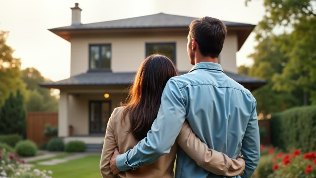 Couple stand in front of house they are considering purchasing after attending PDCU's Homebuyer Bootcamp.