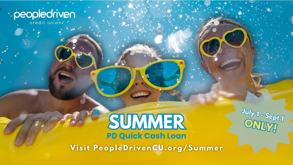 Family wearing yellow sunglasses while playing in a pool on a yellow floatie.