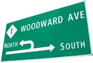 Woodward, MI (M1) traffic sign showing directions for north/south.