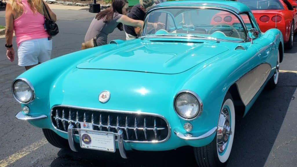 Artic Blue 1957 Chevrolet Corvette, parked in a lot off of Woodward Avenue at the Woodward Dream Cruise.