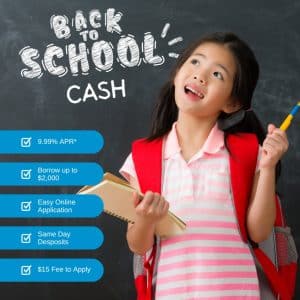Young girl standing in front of a chalkboard with "Back to School Cash" written in chalk.