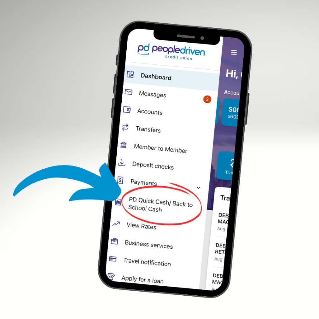 The Back-to-School Cash Loan application button featured within the MyPDCU app.