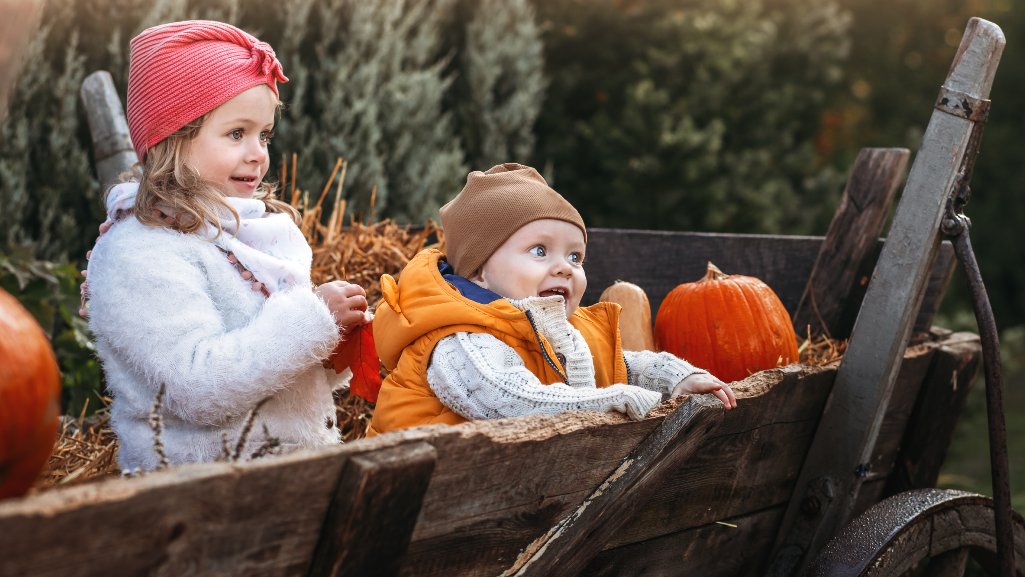 Two adorable toddlers sitting in a wooden wagon at a fall fair in Michigan.