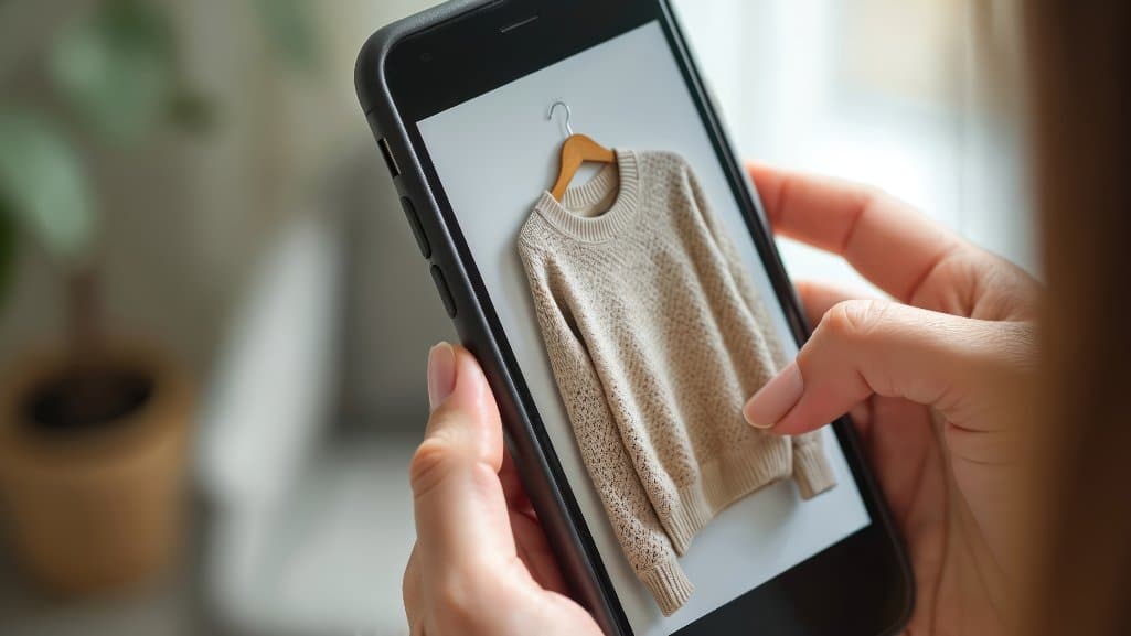 Person holding a smartphone showing a photo of a beige sweater for sale online, representing online marketplace listings that can be used in scams.