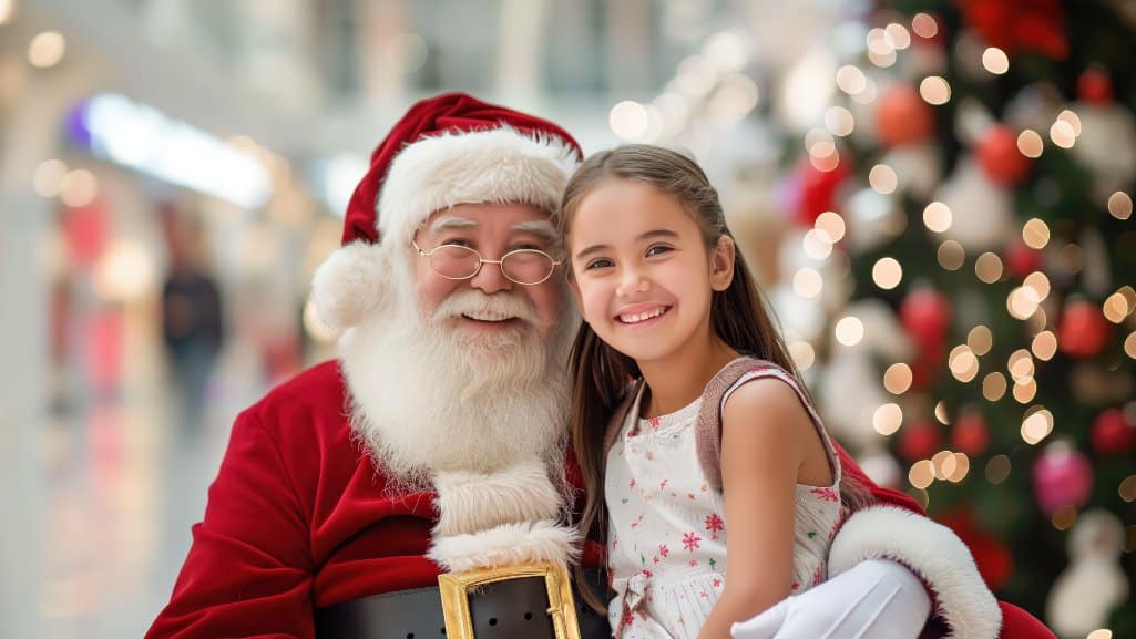 Santa Claus smiling warmly while sitting beside a young girl in a mall decorated with Christmas lights and ornaments.