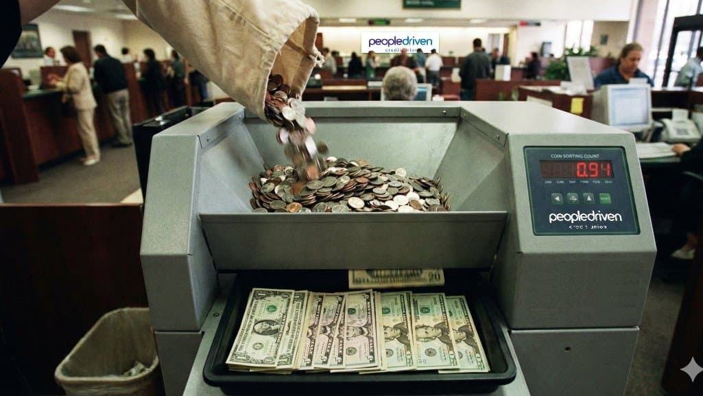 A member pours loose coins into a People Driven Credit Union coin-counting machine inside a branch.