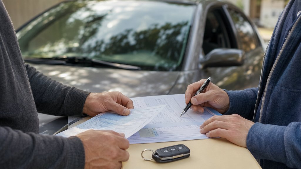Buyer and seller reviewing paperwork for a private party auto loan and vehicle purchase.