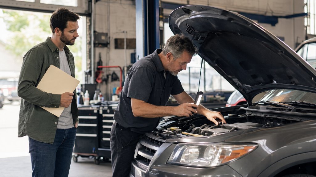 Mechanic inspecting a used SUV before the buyer completes a private party auto loan.