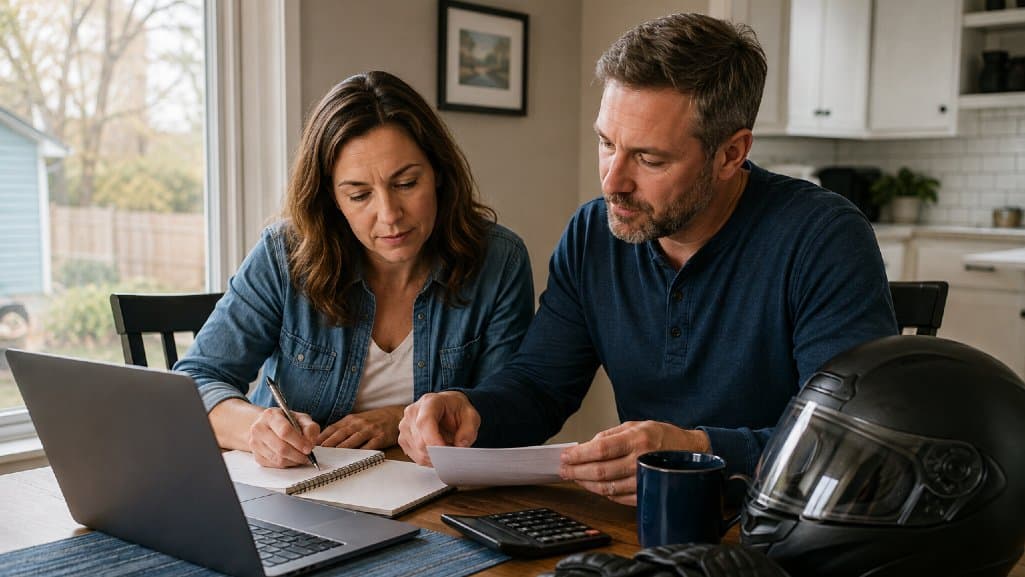 Couple reviewing their budget before they finance a motorcycle.