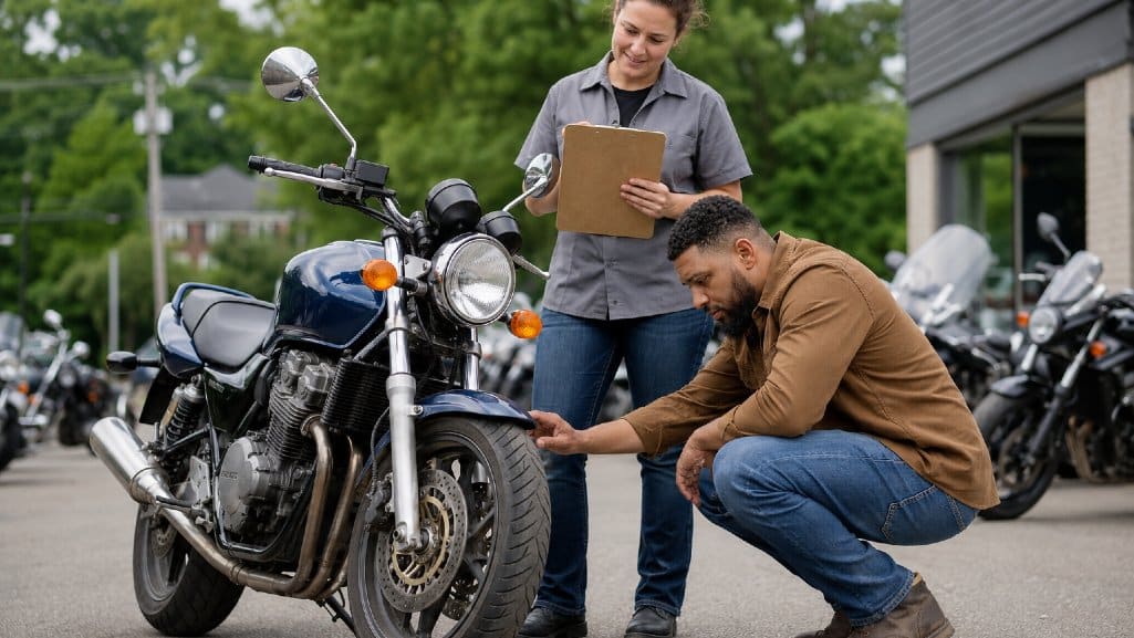 Buyer inspecting a used bike before deciding whether to finance a motorcycle.