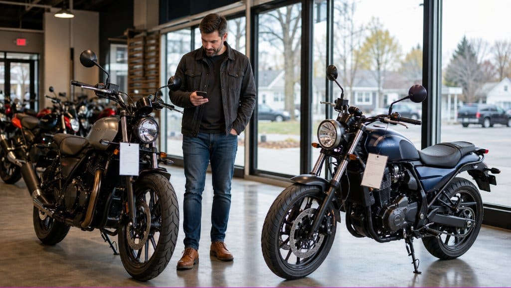 Shopper comparing two motorcycles after receiving motorcycle loan pre-approval.
