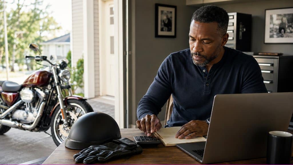 Motorcycle buyer calculating his budget before applying for motorcycle loan pre-approval.