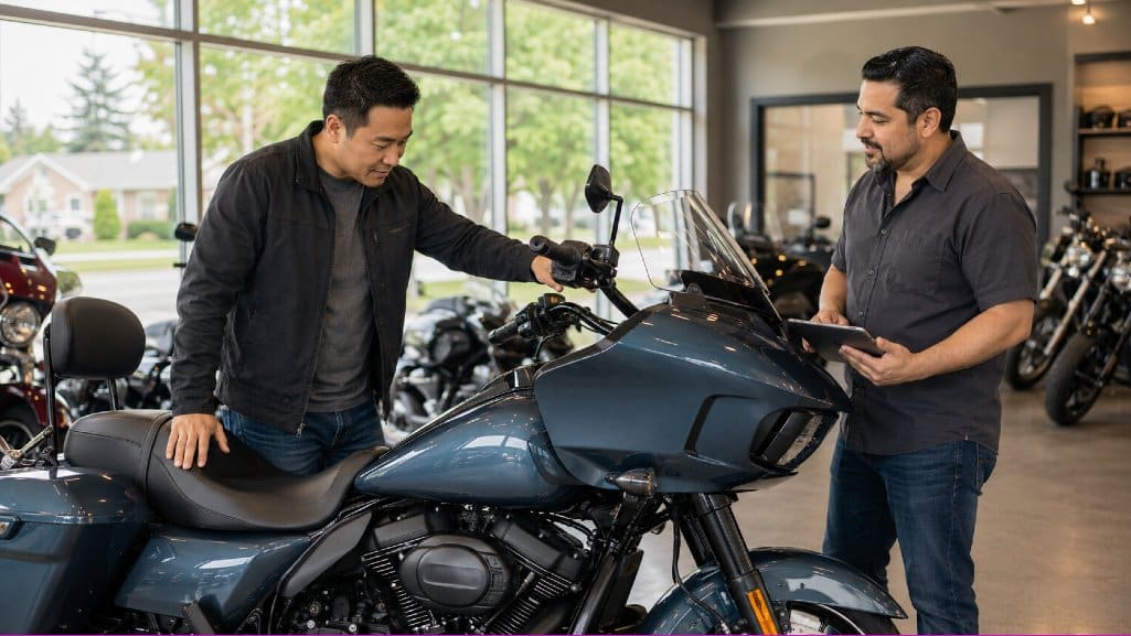 Buyer comparing a touring bike after receiving motorcycle loan pre-approval.