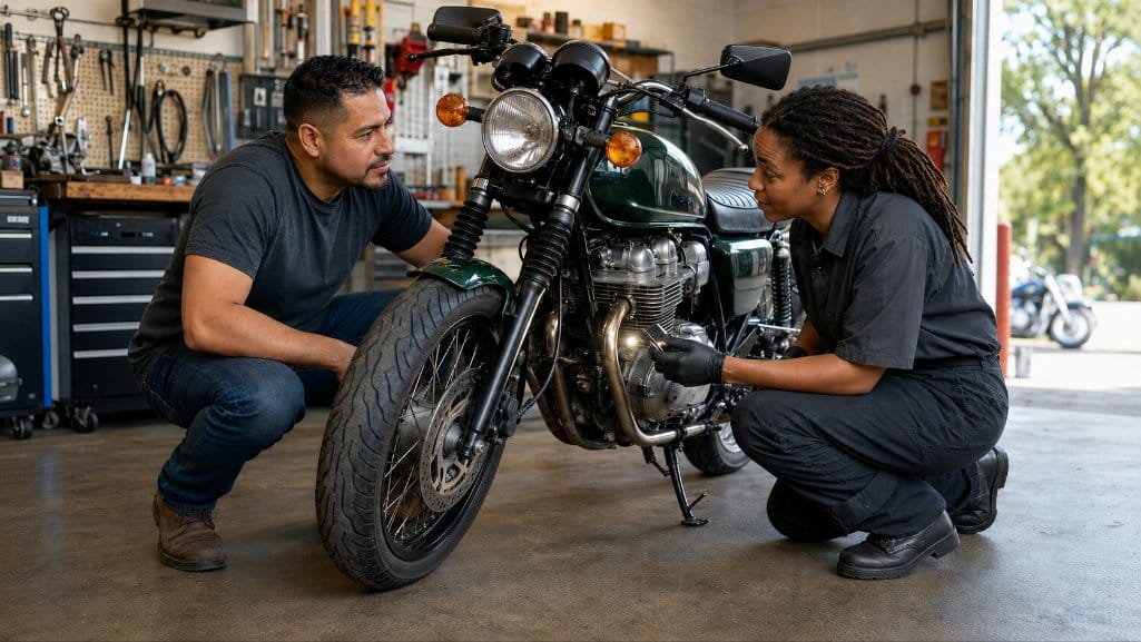 Buyer and mechanic inspecting a used bike before applying for used motorcycle financing.