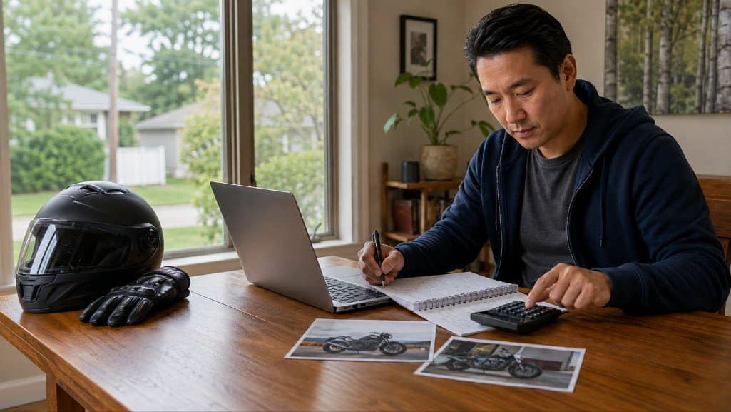 Michigan buyer comparing costs before choosing used motorcycle financing.
