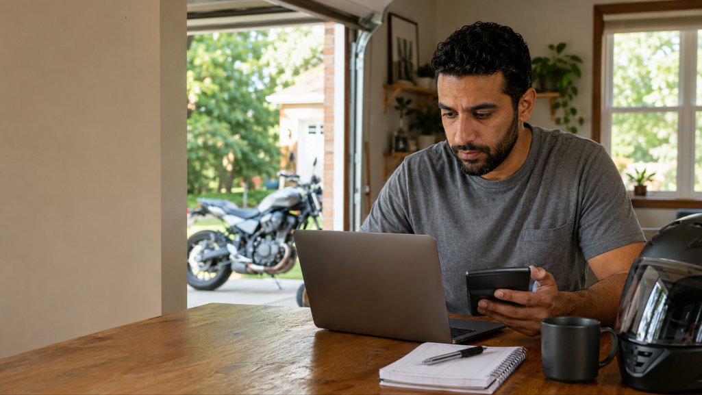 Man using a motorcycle affordability calculator while planning his purchase.