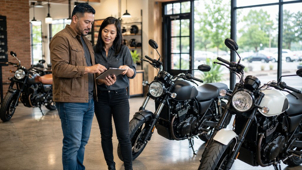 Motorcycle buyer comparing purchase price and trade-in numbers with a salesperson.