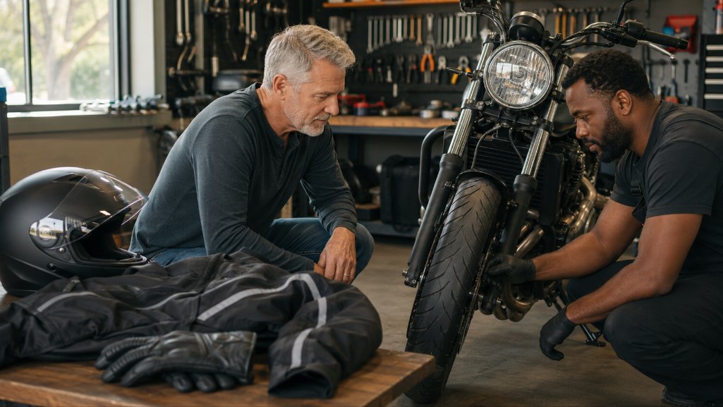 Motorcycle owner budgeting for riding gear and maintenance.