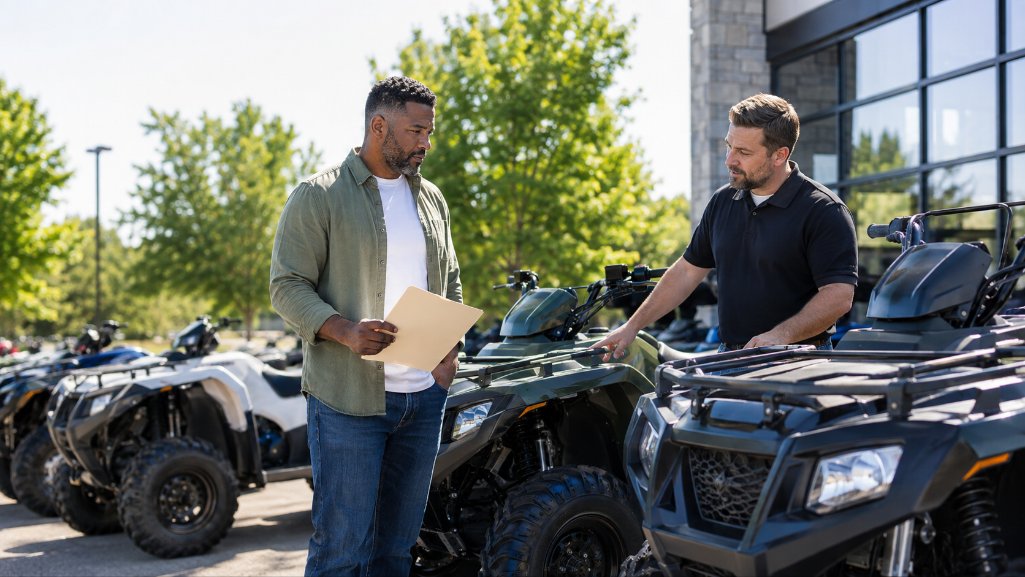 Buyer exploring ATV financing at a Michigan powersports dealership.