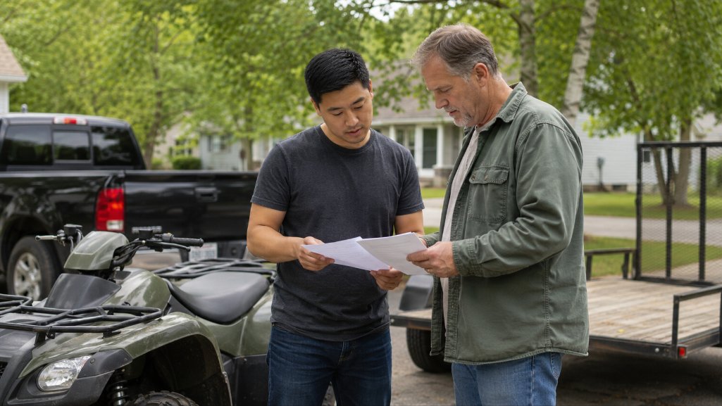 Buyer and private seller reviewing paperwork for ATV financing.