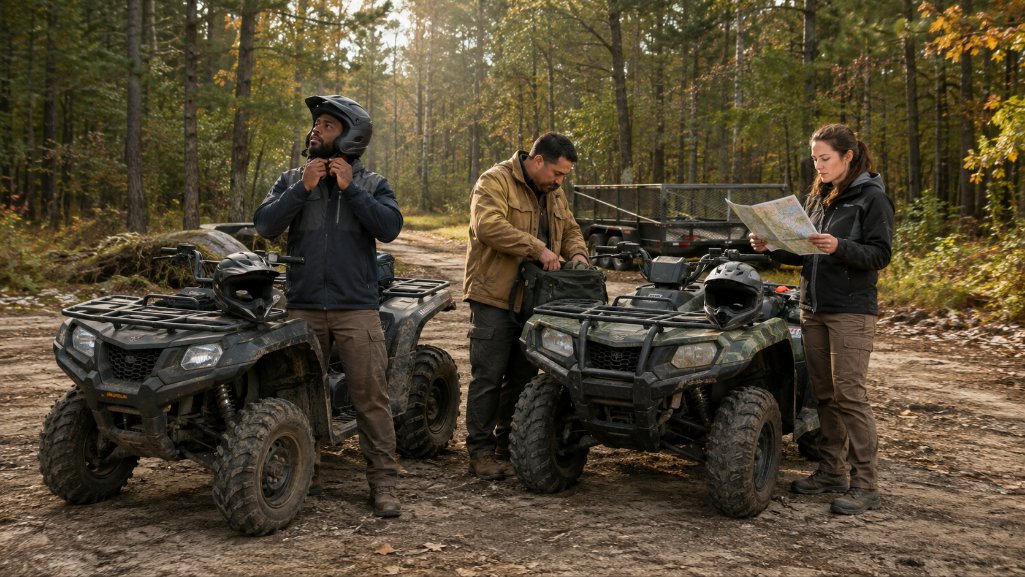 ATV owners preparing for a trail ride in Michigan after completing ATV financing.