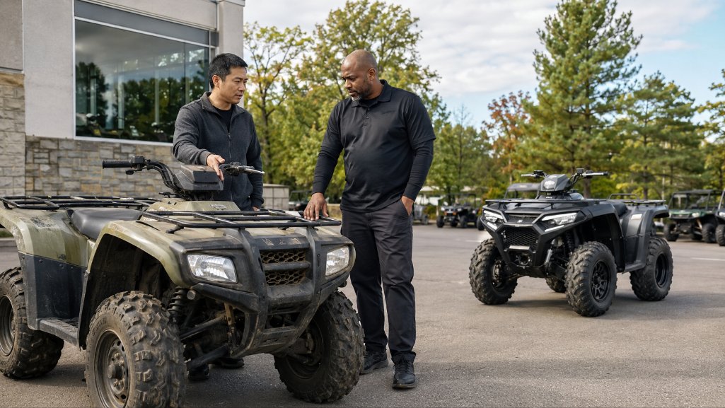 Buyer reviewing an ATV trade-in for an ATV loan calculator estimate.