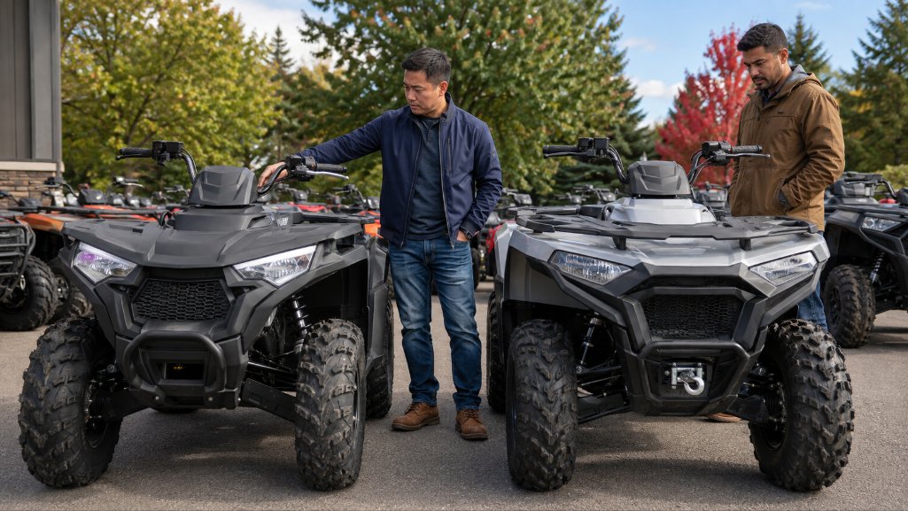 Buyers using ATV loan pre-approval to compare ATVs at a Michigan dealership.