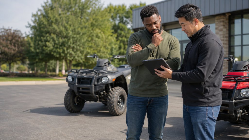 Buyer comparing ATV loan rates for new and used ATVs.