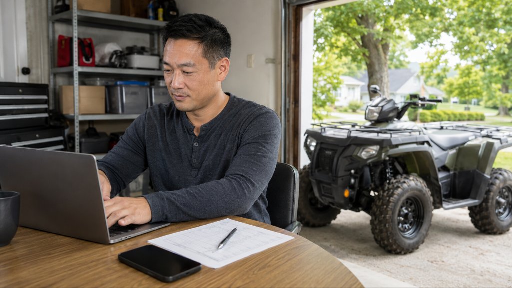 ATV owner setting up automatic payments for an ATV loan rate discount.