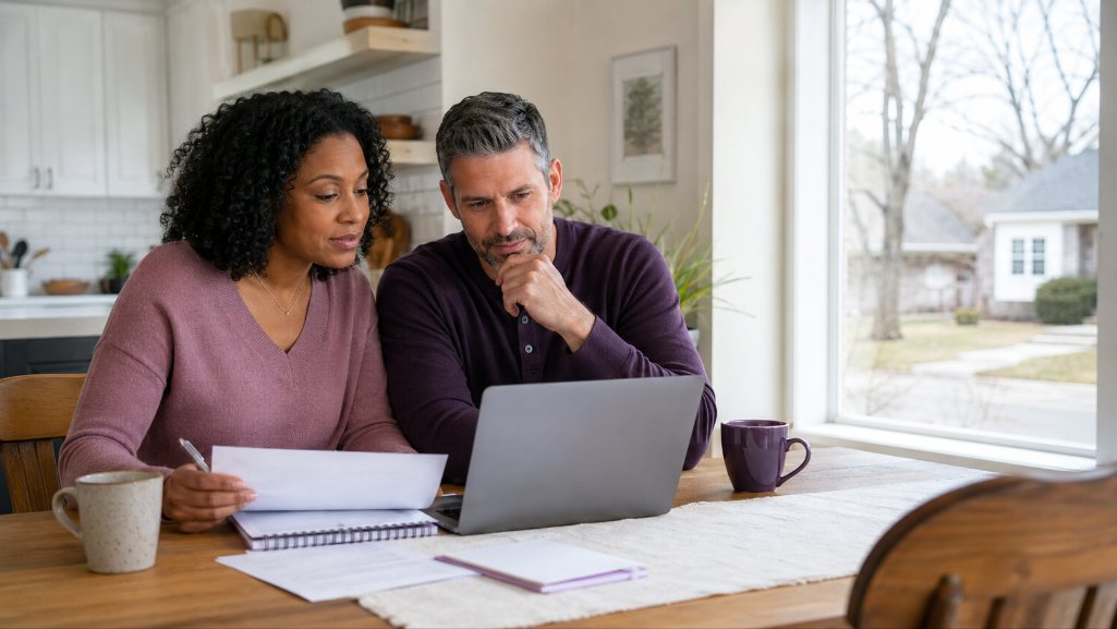 Michigan couple comparing bank vs. credit union options at home.
