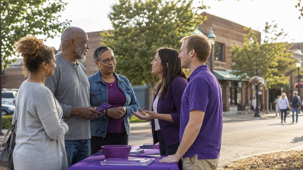 Michigan residents connecting with community credit union representatives at a local event.