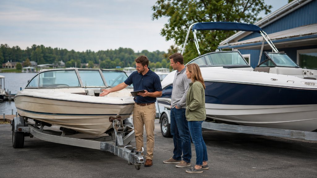 Buyers using a boat loan calculator while comparing boat trade-in value.