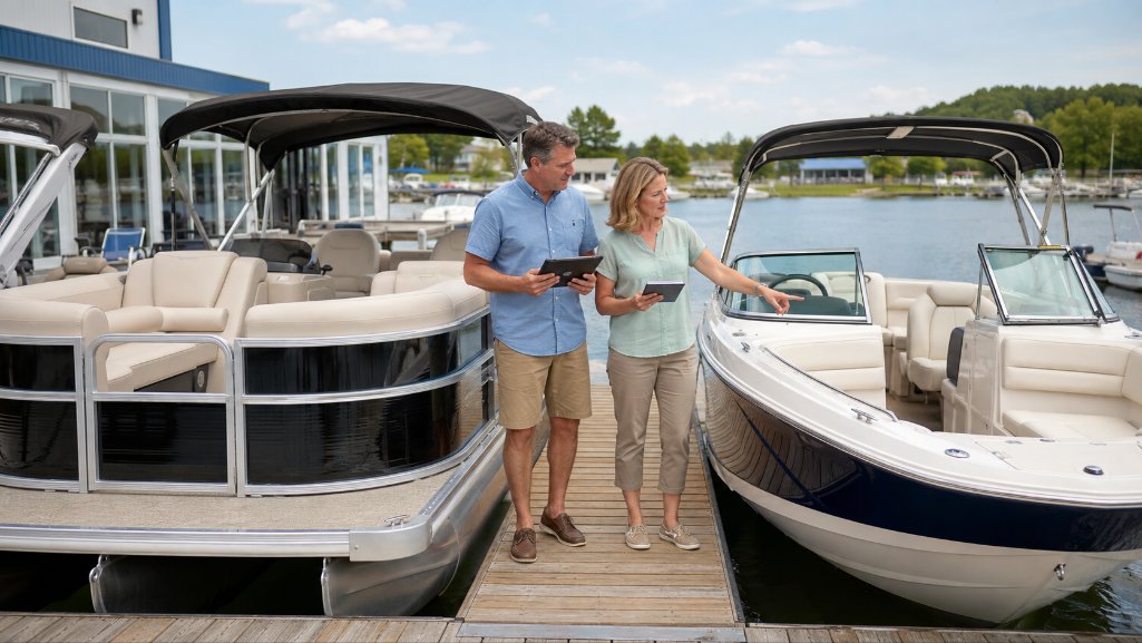 Buyers with boat loan pre-approval comparing a pontoon and bowrider.