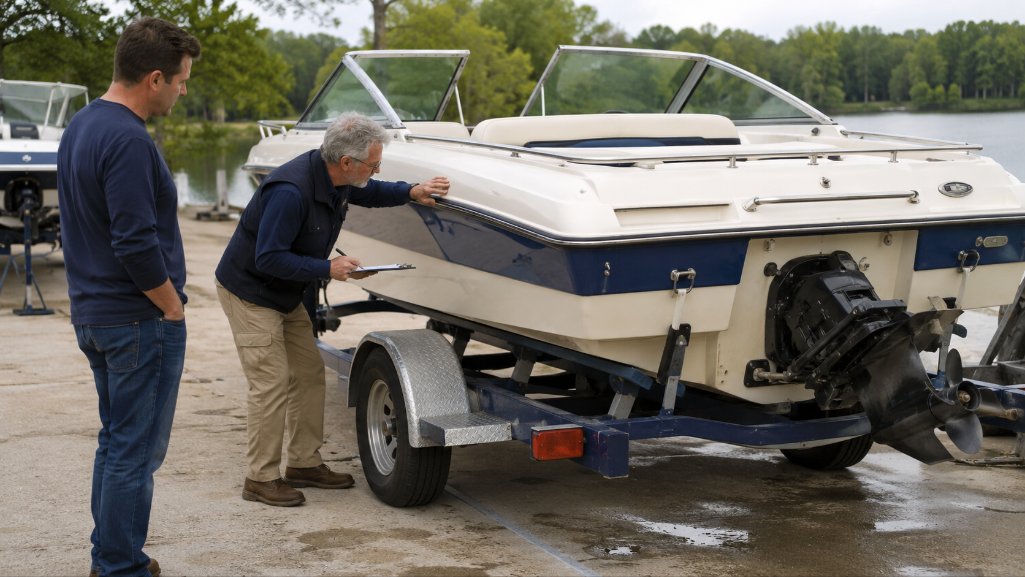Marine appraiser inspecting an older boat that may affect boat loan rates.