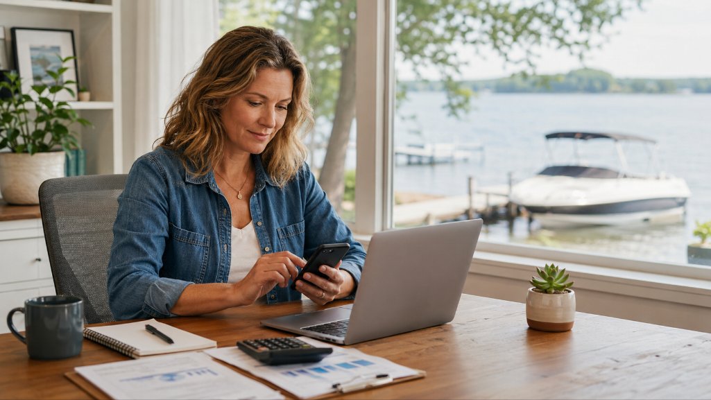 Boat owner setting up automatic payments for available boat loan rates.