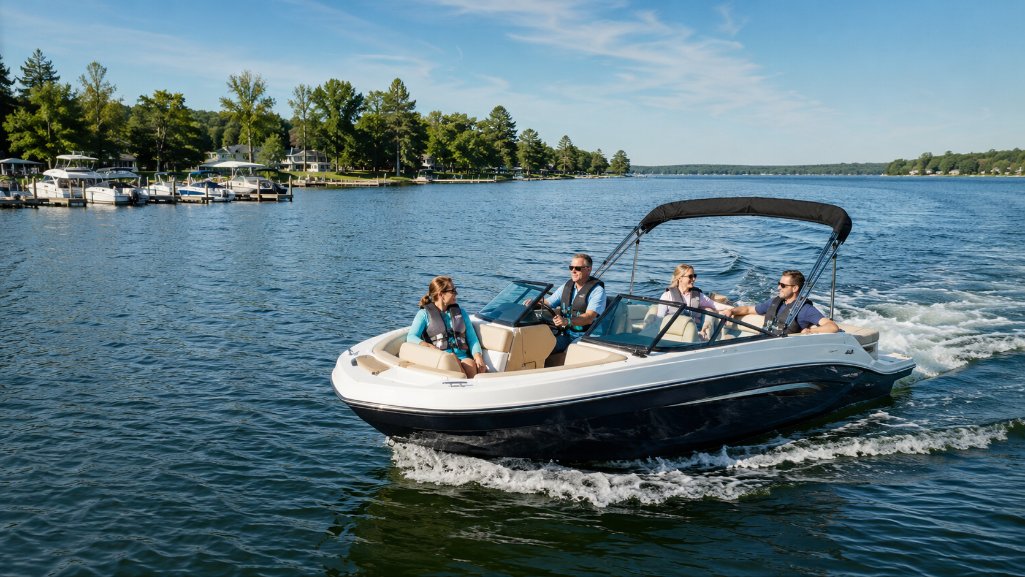 Boat financing for a recreational boat cruising on a Michigan lake.