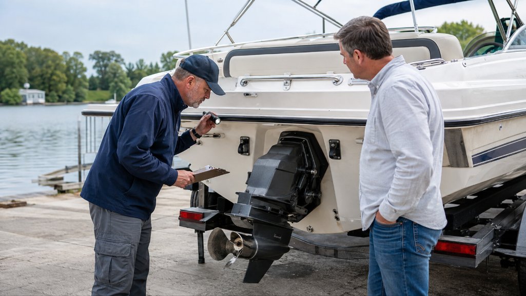 Boat financing buyer watching a marine inspection of a used boat.