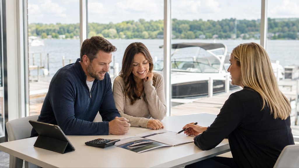 Couple reviewing boat financing documents with a loan specialist.