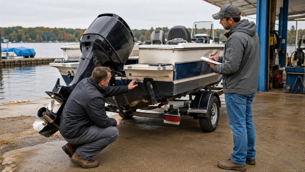 Marine surveyor inspecting a watercraft before a used boat financing.