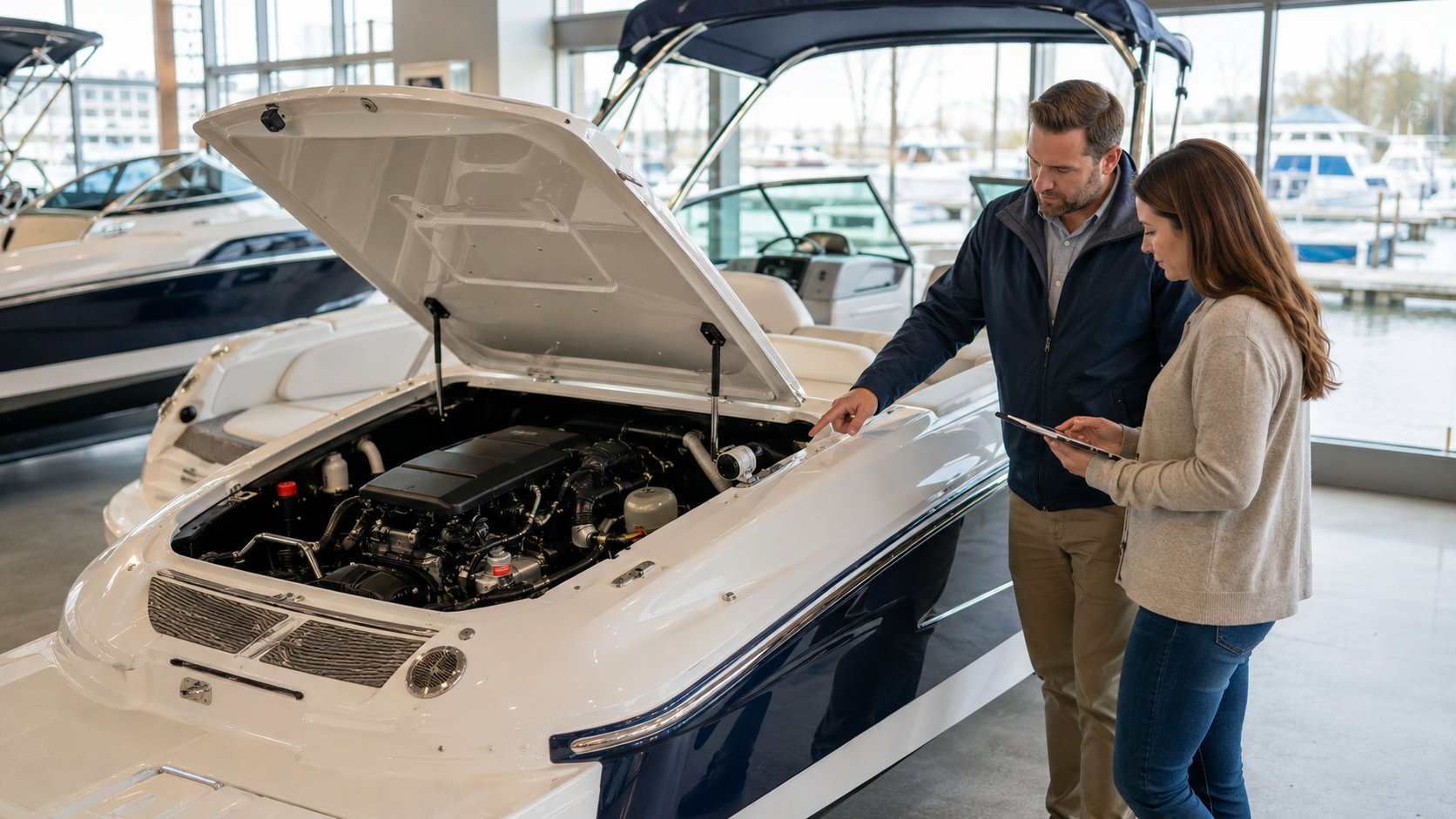 Buyers comparing new boat warranty coverage with used boat financing.