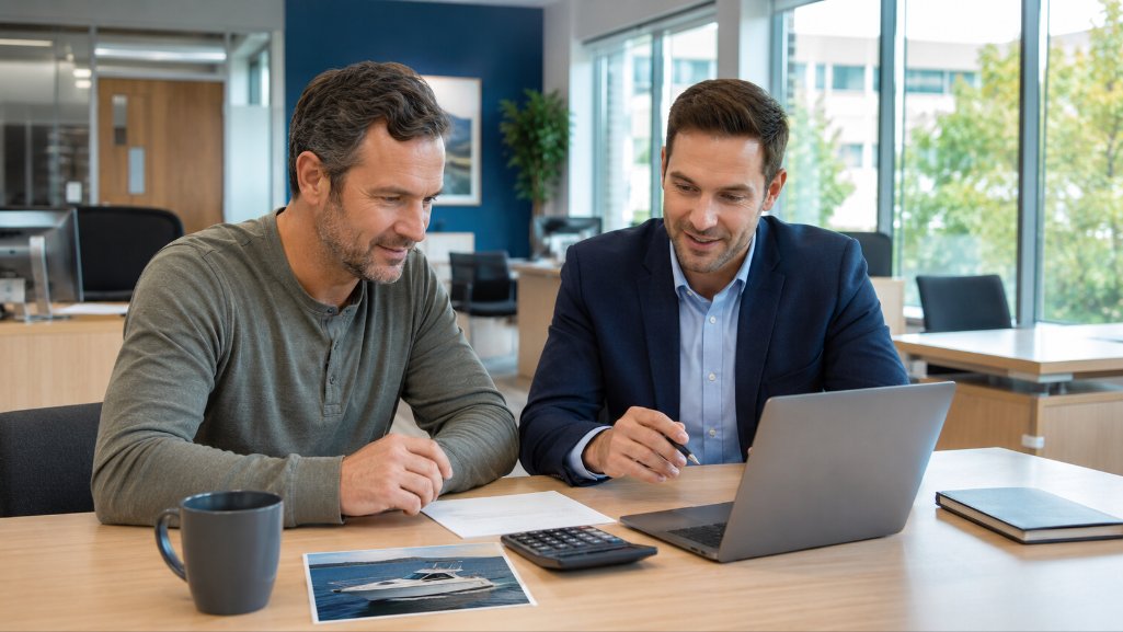 Buyer reviewing credit union boat loan pre-approval with a loan specialist.