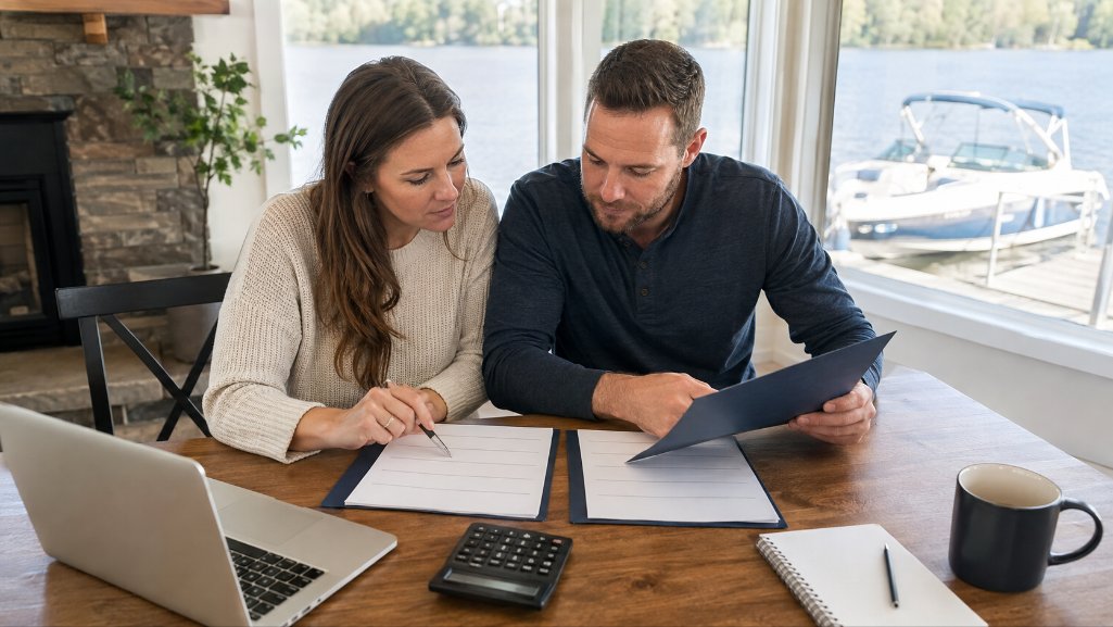 Couple comparing the total cost of a credit union boat loan and dealer financing.