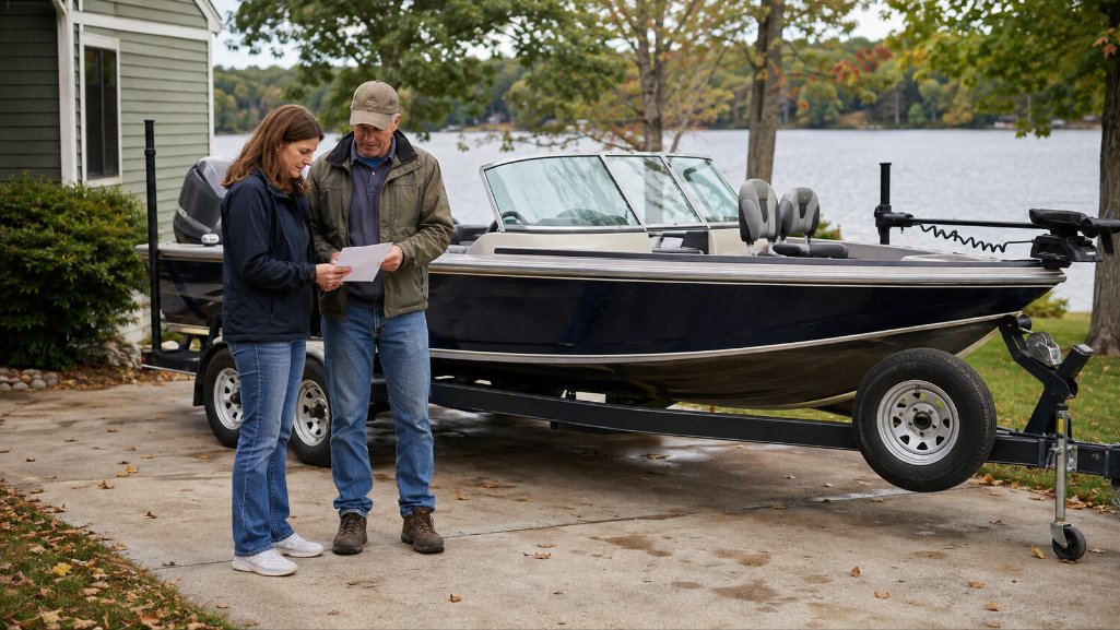 Buyer and private seller reviewing boat financing documents beside a used boat.